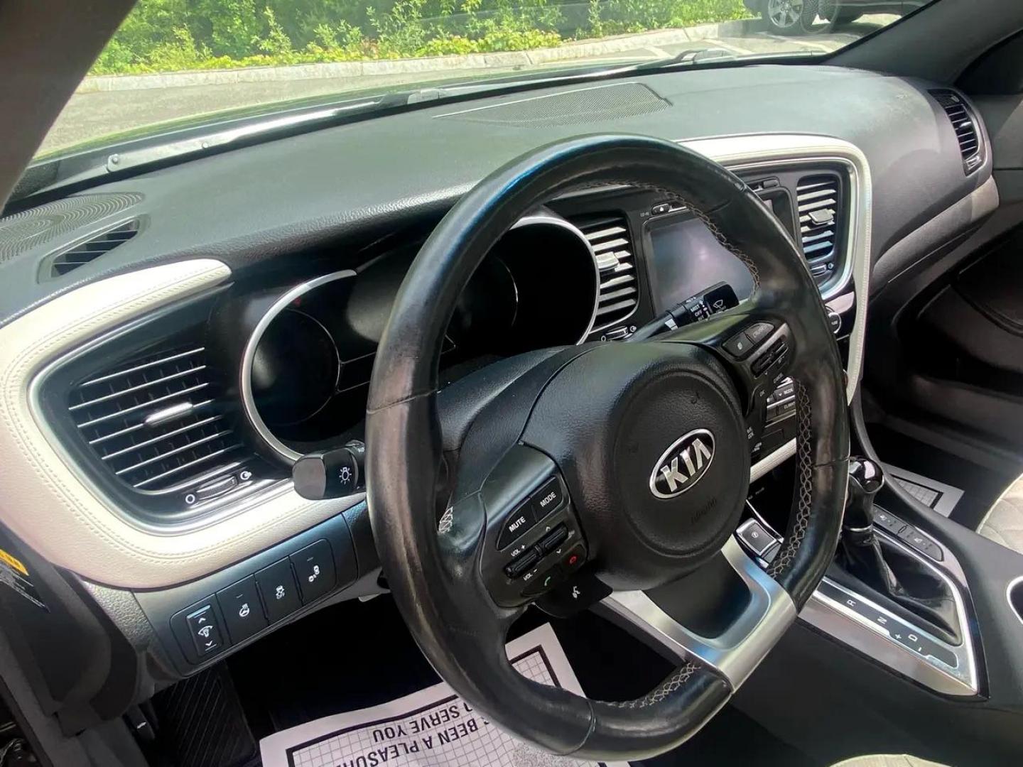 2015 BLACK /White Kia Optima SX Turbo (5XXGR4A67FG) with an 2.0L L4 DOHC 16V TURBO engine, 6-Speed Automatic transmission, located at 215 Milton St, Dedham, MA, 02026, (781) 329-5144, 42.241905, -71.157295 - Just a beauty Prices on all vehicles do not include $299.95 Documentation fee, as well as Massachusetts sales tax, Registration, Title Fee and State inspection. We try our hardest to be as accurate in our descriptions as possible. ASPI Motor Cars is not responsible for errors in listings by 3rd - Photo#8