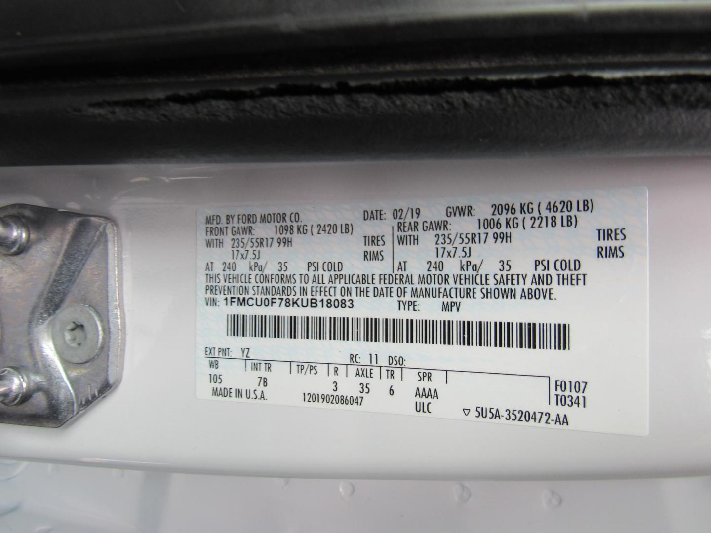 2019 White /Gray Ford Escape S FWD (1FMCU0F78KU) with an 2.5L L4 DOHC 16V engine, Automatic transmission, located at 215 Milton St, Dedham, MA, 02026, (781) 329-5144, 42.241905, -71.157295 - This nice little FWD SUV is in excellent condition. Runs like new. All ASPI Motor Cars vehicles are fully serviced before they are delivered to assure the highest quality used vehicles. Come with a 3/3 warranty included in the price. Call for details. Prices on all vehicles do not include $299.95 - Photo#19